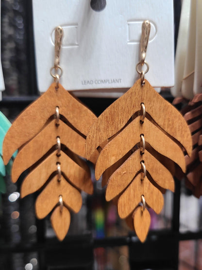 Wood Leaf Drop Earrings - Random Hippie