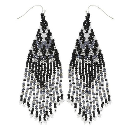 Black and white seed bead fringe dangle earrings