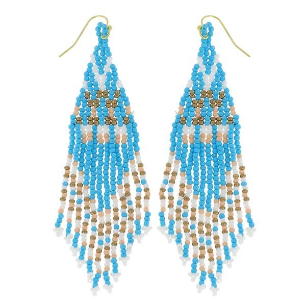 light blue and white seed bead fringe dangle earrings