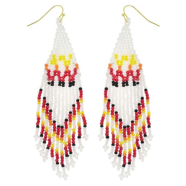 white red and brown seed bead fringe dangle earrings