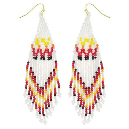 white red and brown seed bead fringe dangle earrings